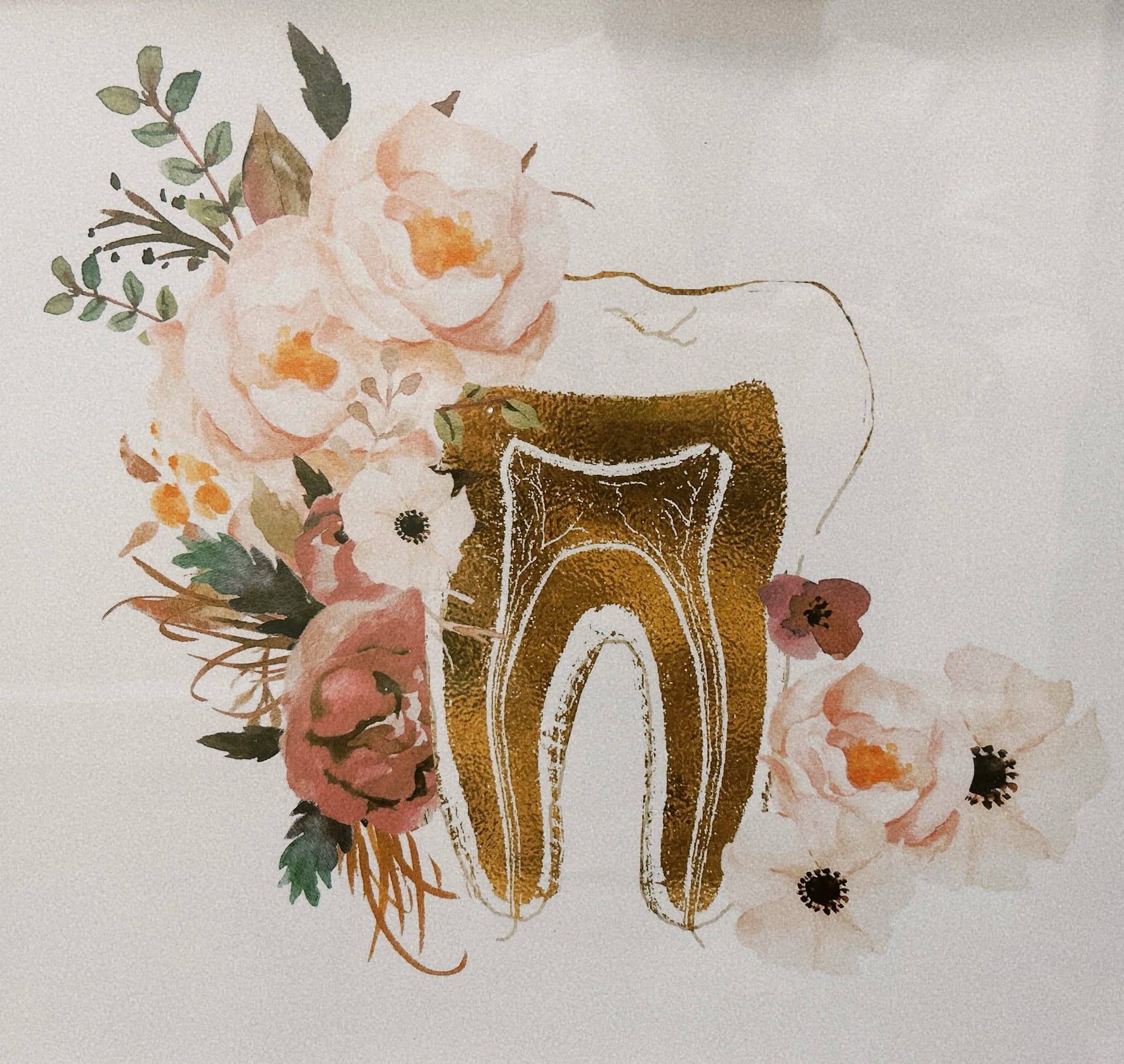 Gentle dental-themed illustration with a tooth design surrounded by floral accents.